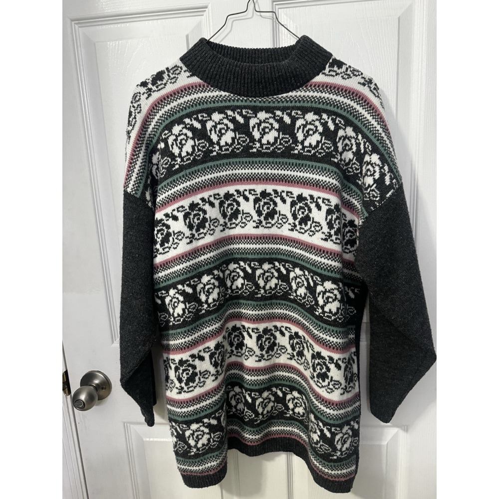 Vintage 90s Dana Scott Women's M Rose Floral Knit Mock Neck Sweater USA
